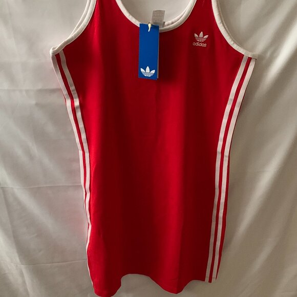 ADIDAS Adicolor 3-Stripes Mini Tank Dress in Scarlet/White Sz LARGE - Picture 2 of 5